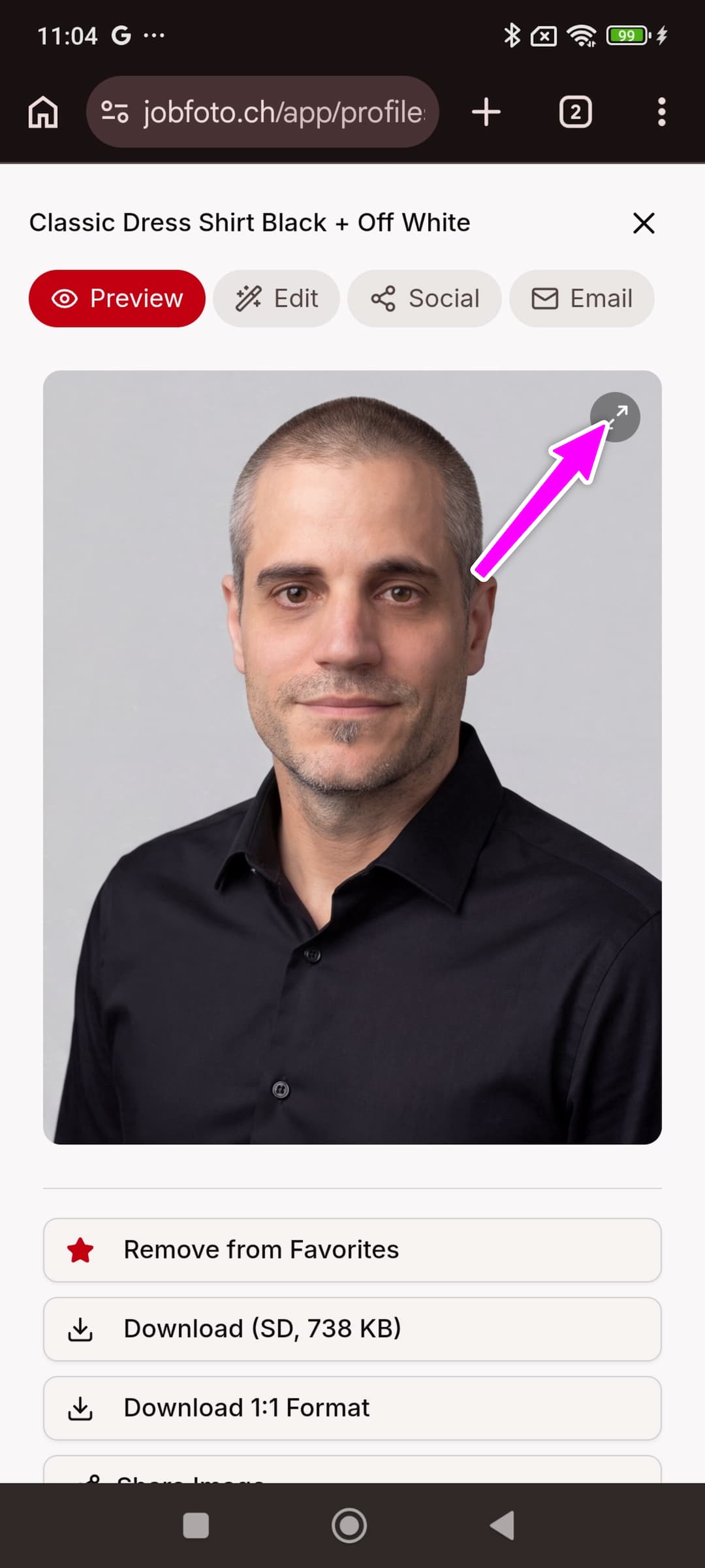 Headshot preview on Android with the expand button highlighted