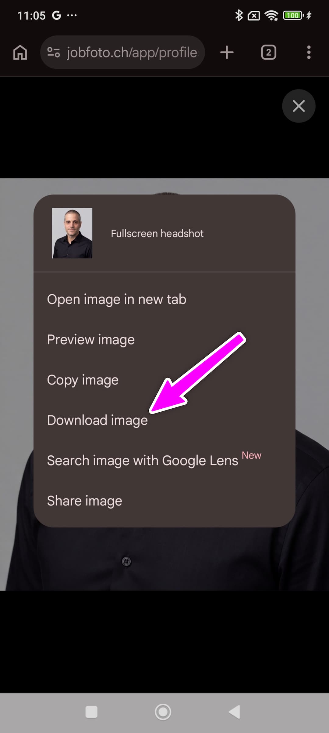 Long-press menu showing Download image in Chrome on Android