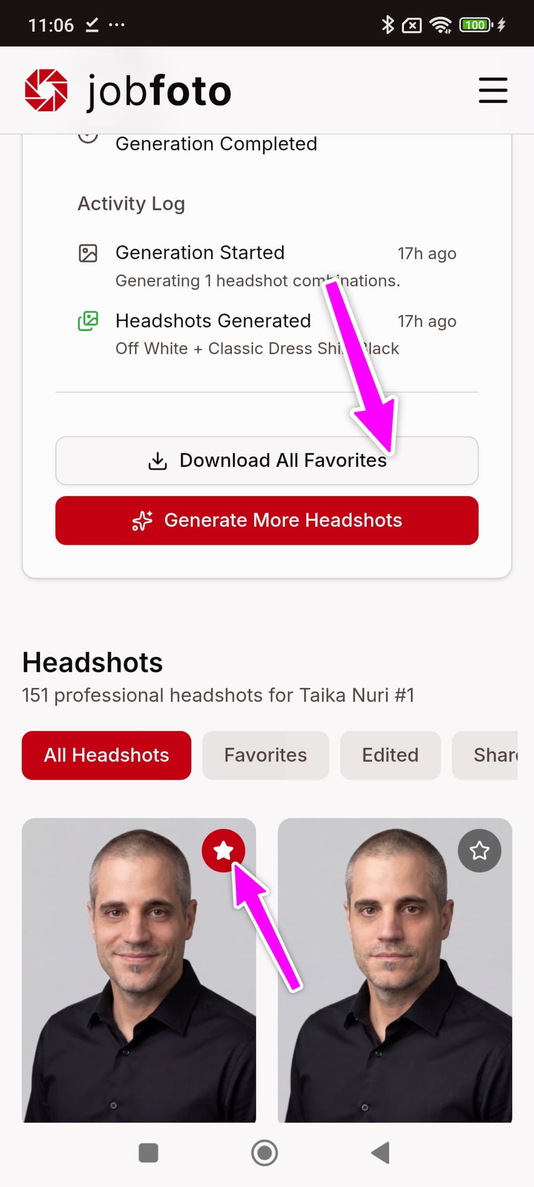 Profile overview on Android with the Download All Favorites button