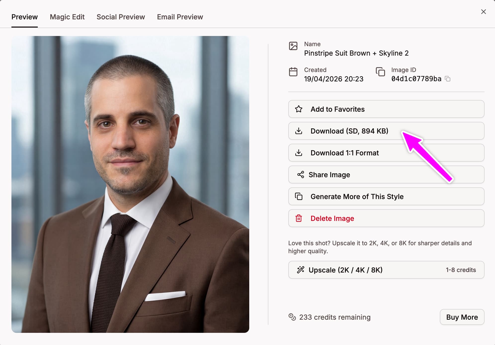 Headshot preview on desktop with the download button highlighted