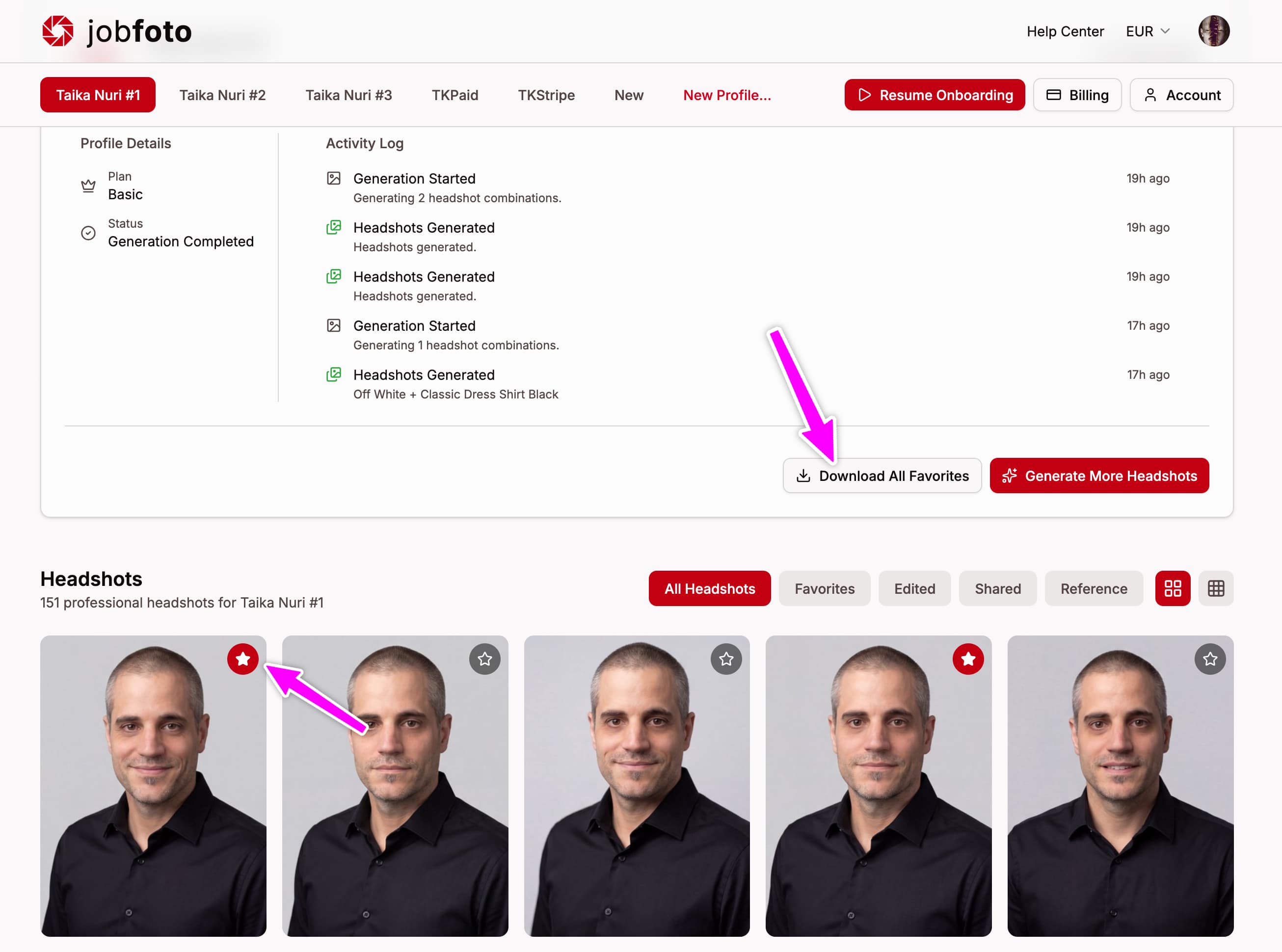 Profile overview on desktop with the Download All Favorites button