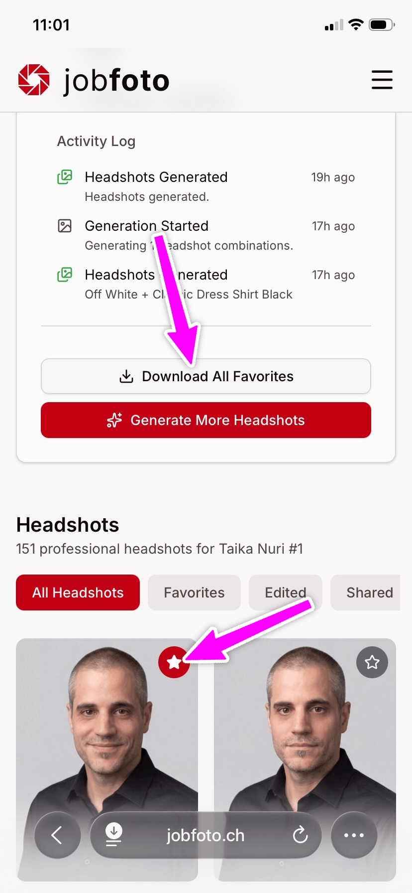 Profile overview on iPhone with the Download All Favorites button