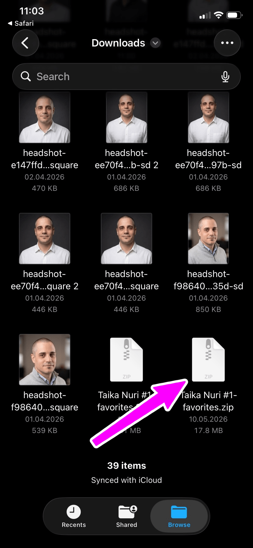 Extracted folder of headshots in the Files app on iPhone