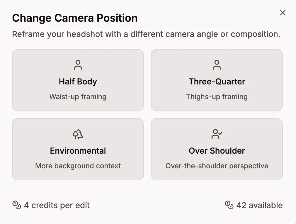 Camera position dialog with Half Body, Three-Quarter, Environmental, and Over Shoulder options