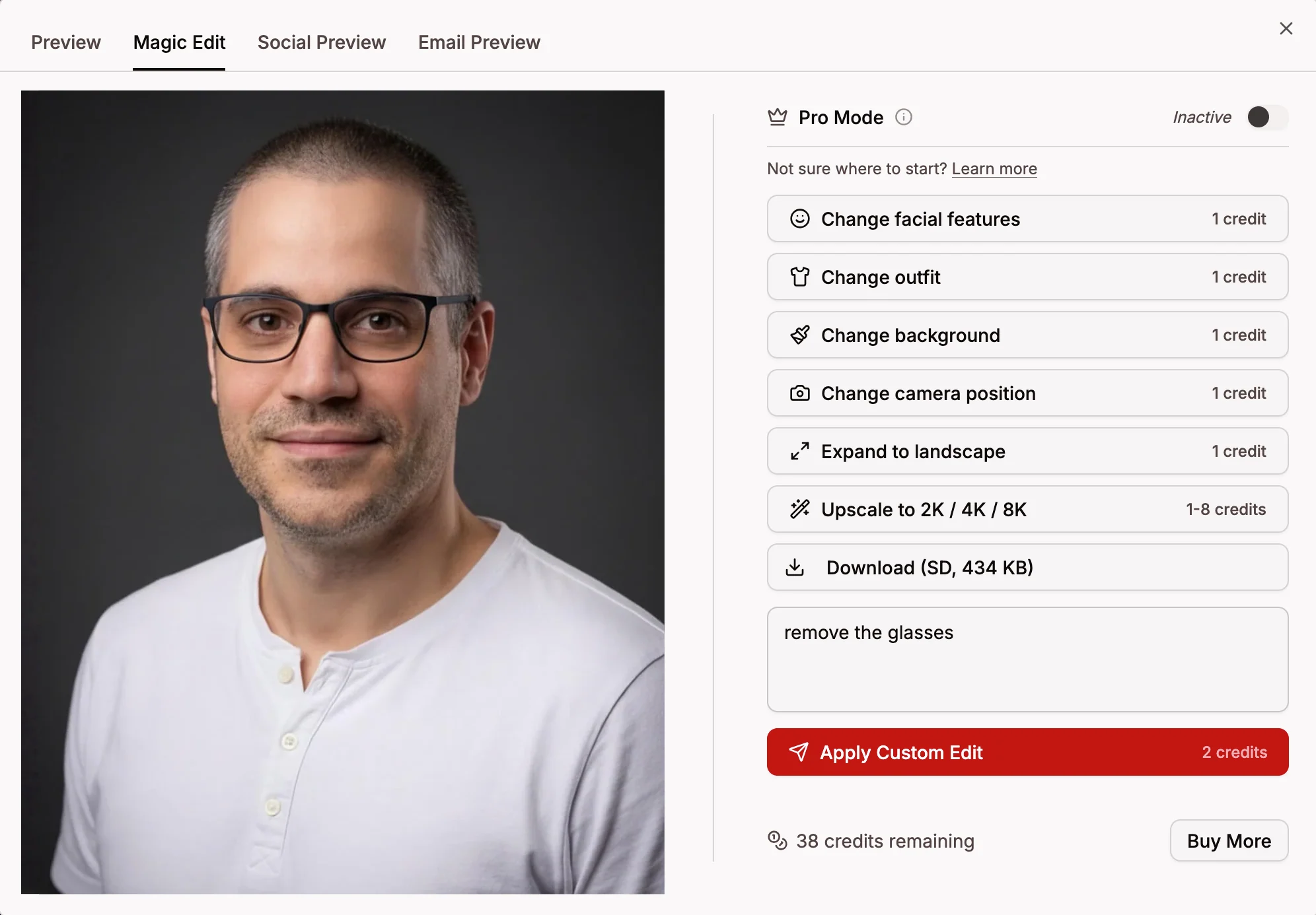 Magic Editor interface with custom prompt text field and Apply Custom Edit button