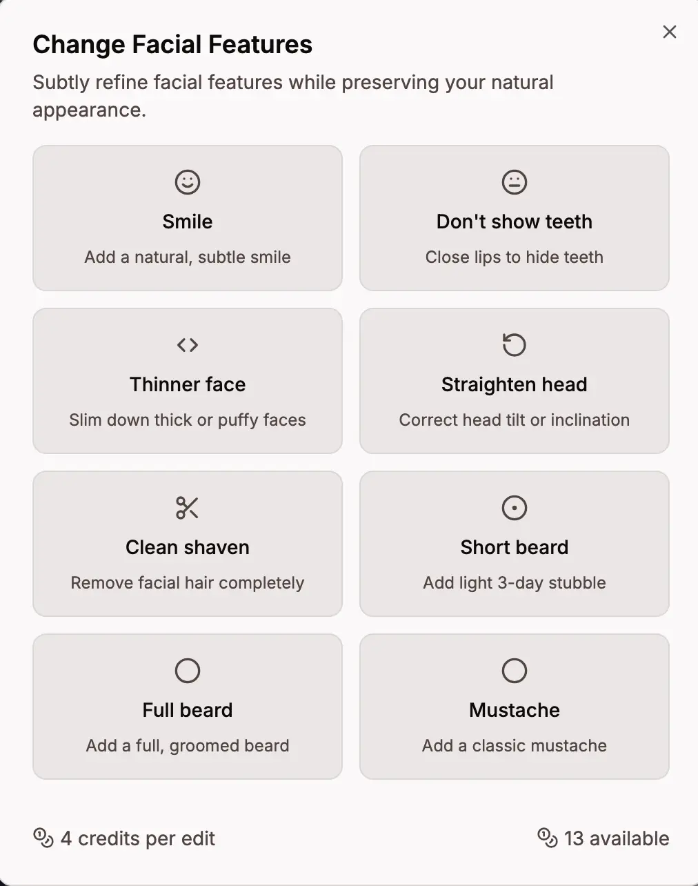 Facial features dialog with Smile, Don't show teeth, Clean shaven, Short beard, Full beard, and Mustache options