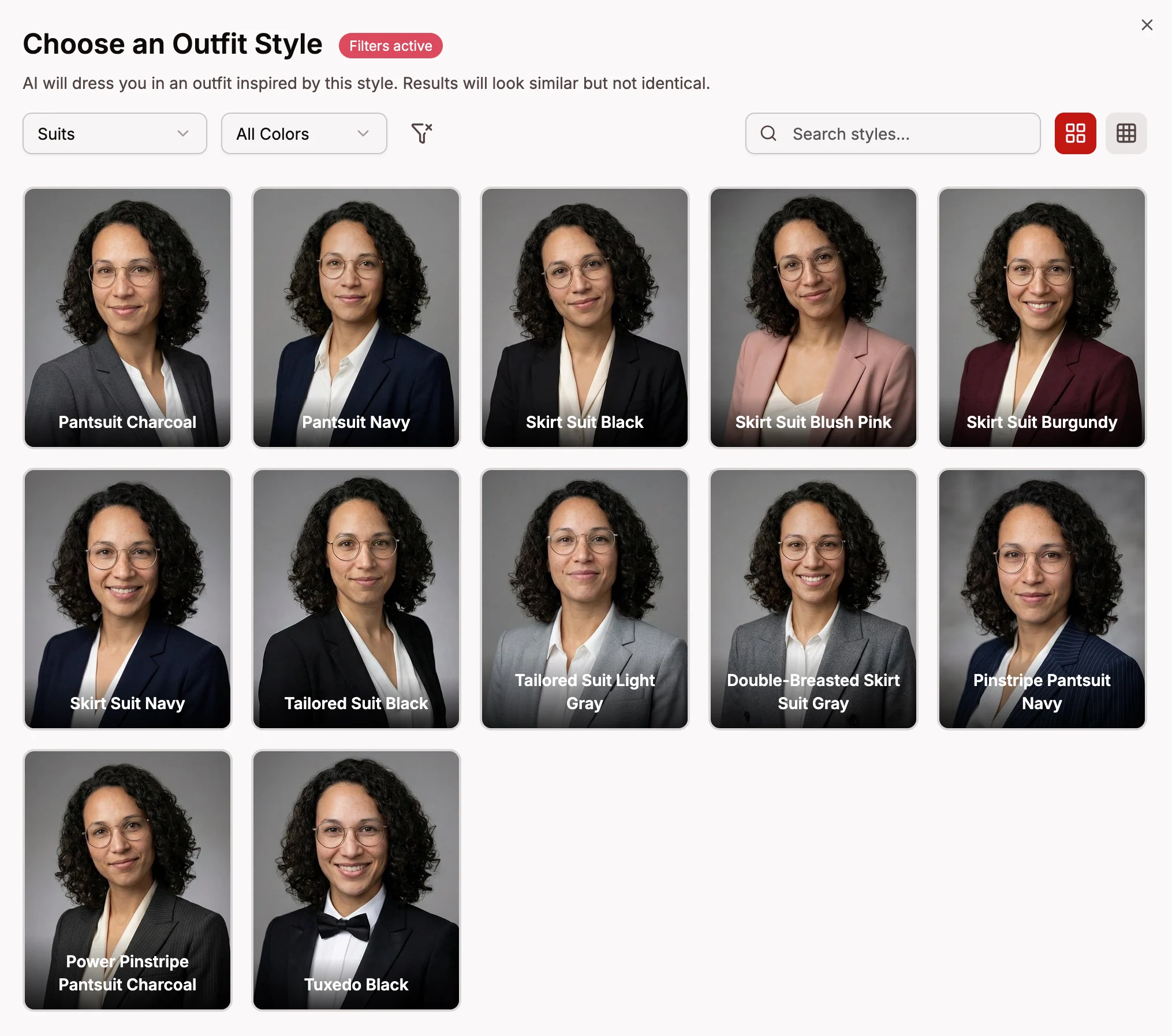 Outfit style picker showing available outfit options filtered by category