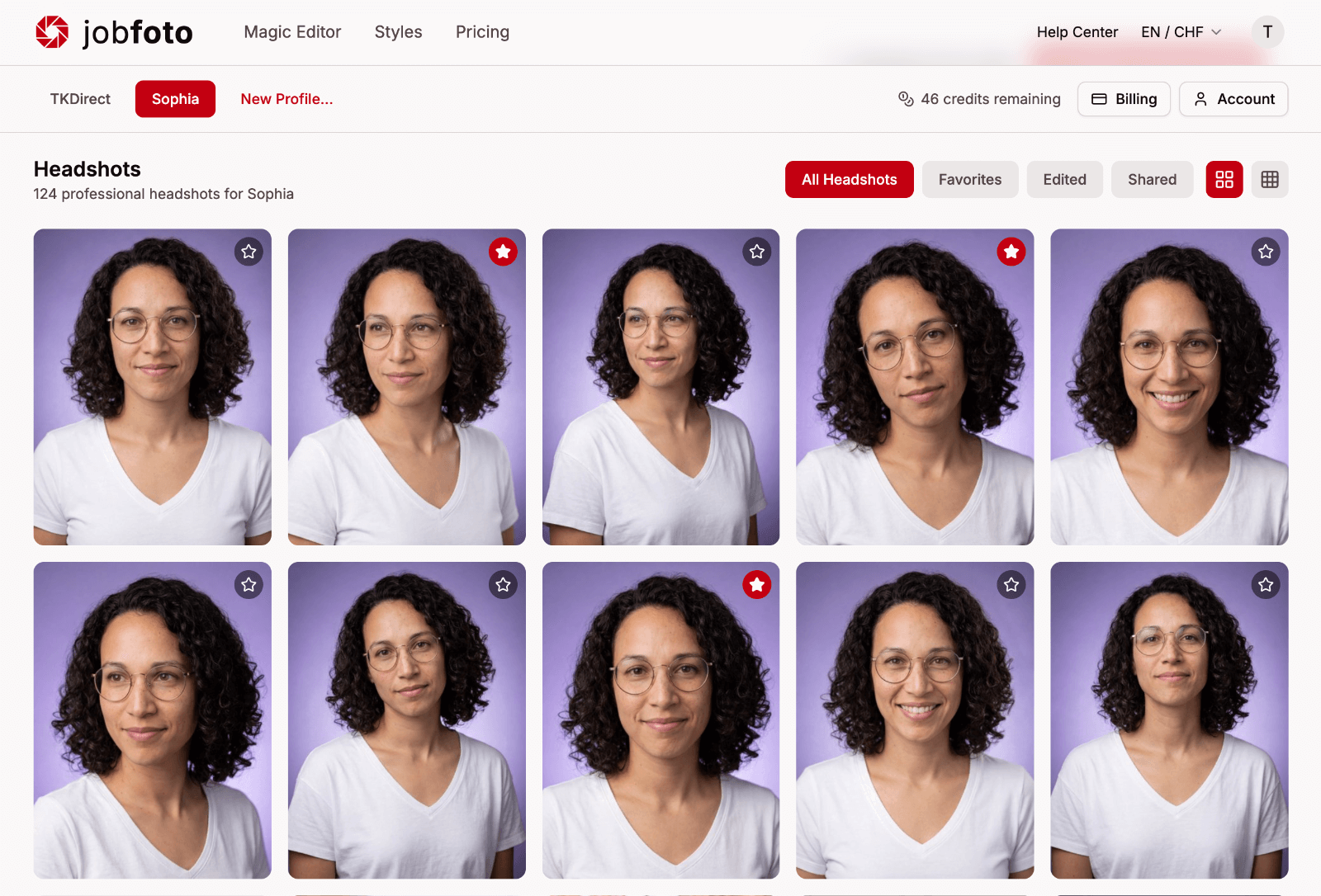 Headshot gallery showing how to mark favorites