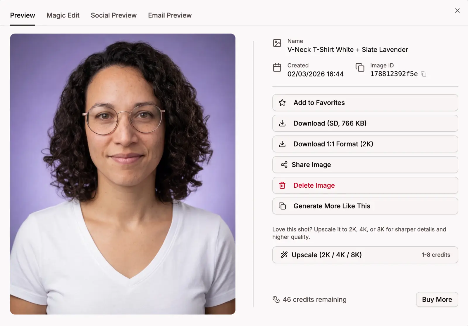 Headshot preview mode with download, favorite, upscale, and edit options