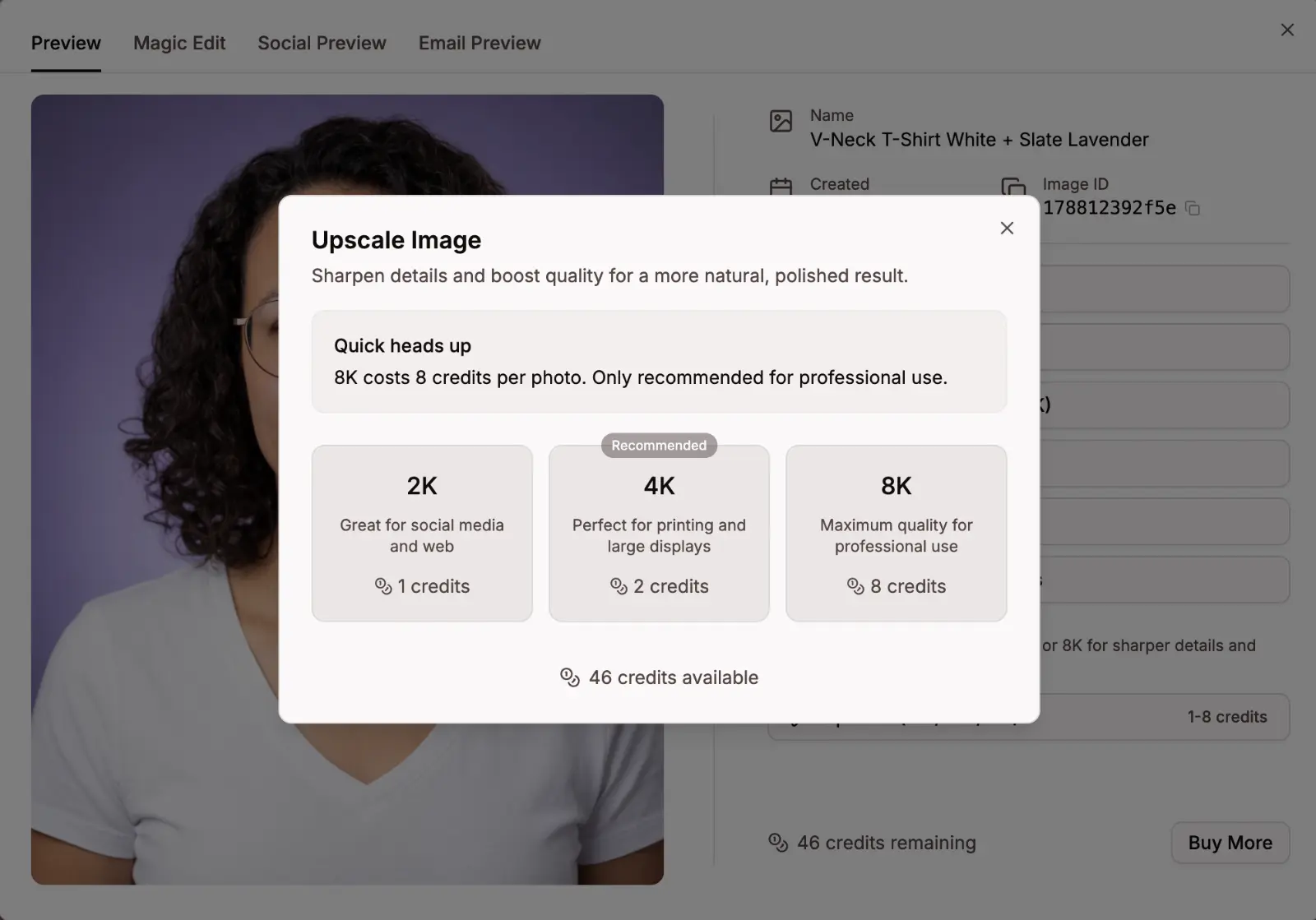 Upscale options showing 2K, 4K, and 8K resolution choices