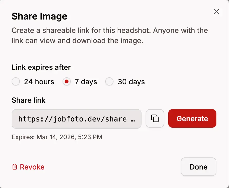 Share button in headshot preview