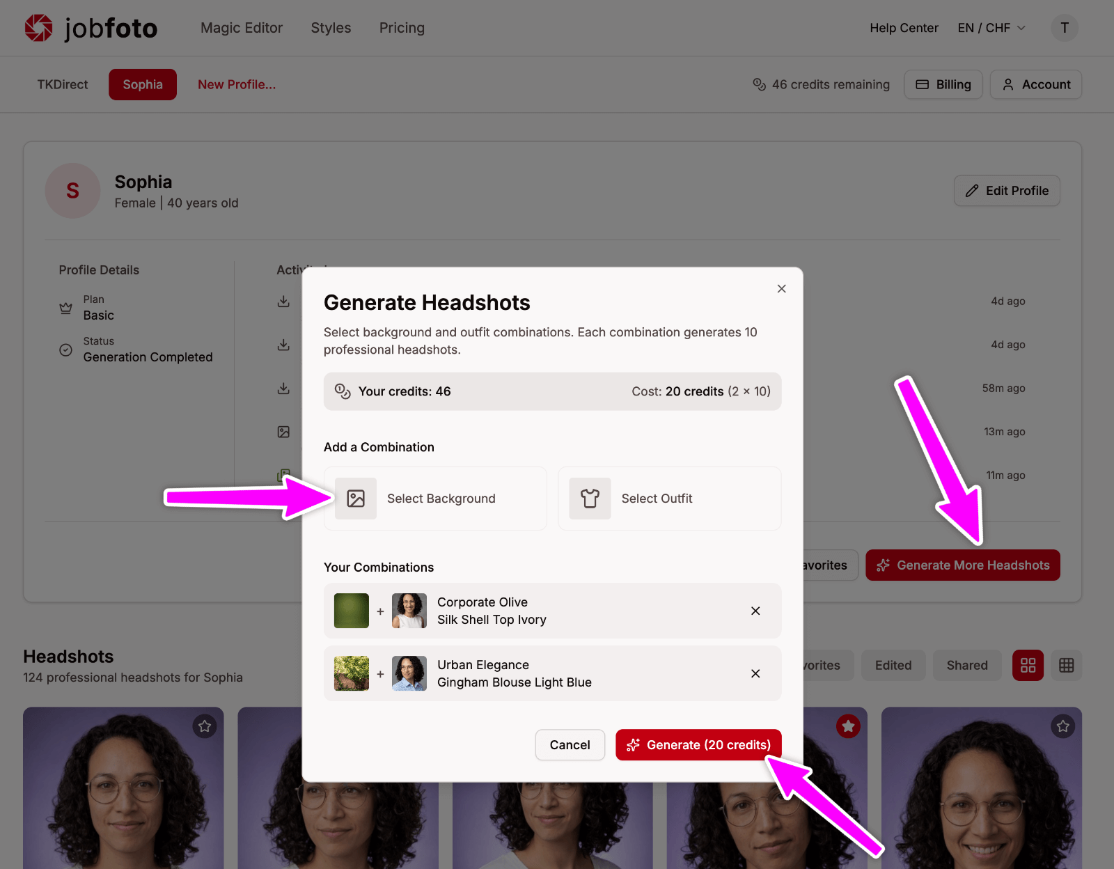 Profile page showing how to generate more headshots with additional combinations