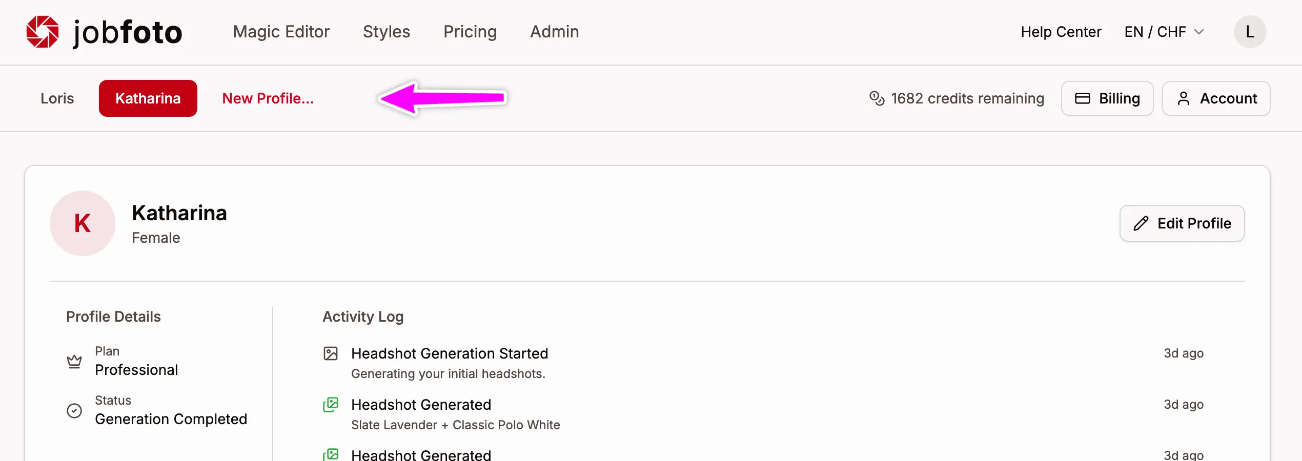 Profiles page showing multiple profiles under one account