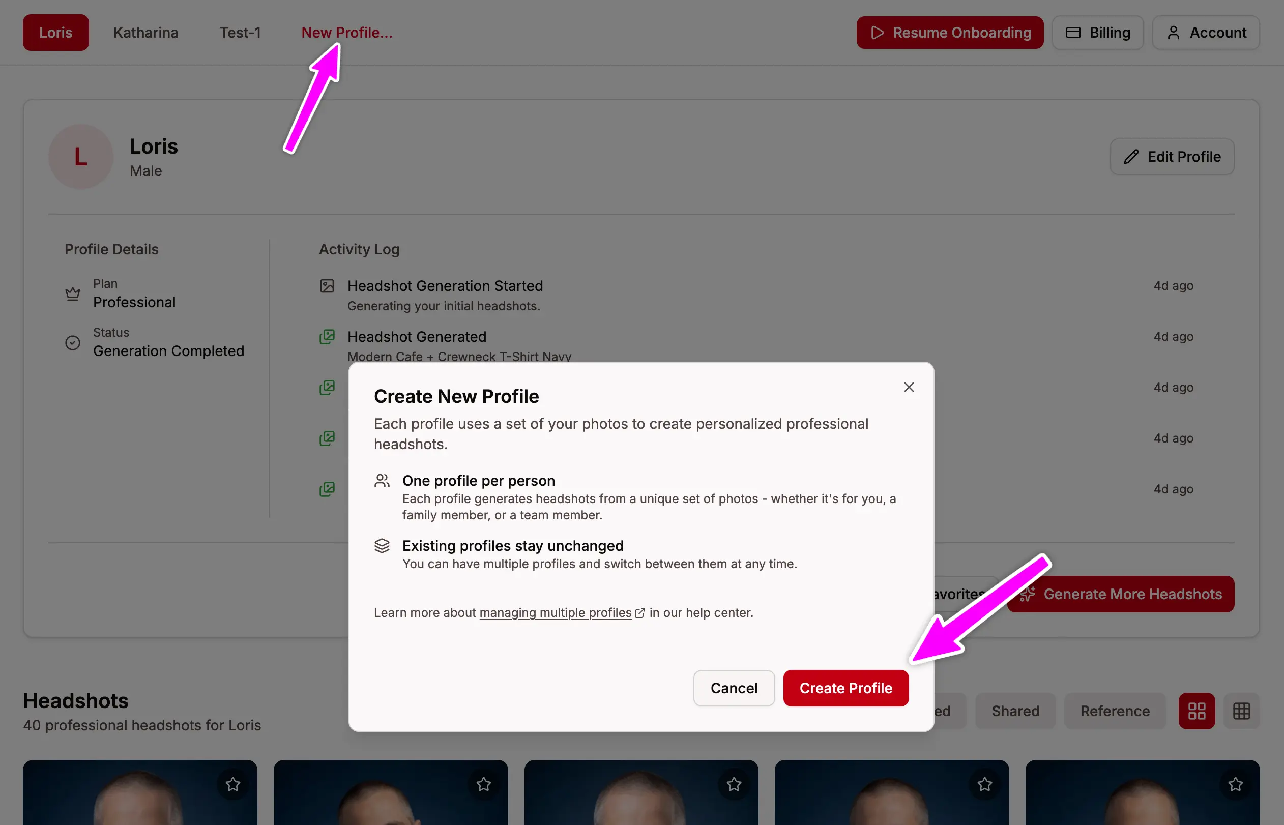 Creating a new profile from the Profiles page
