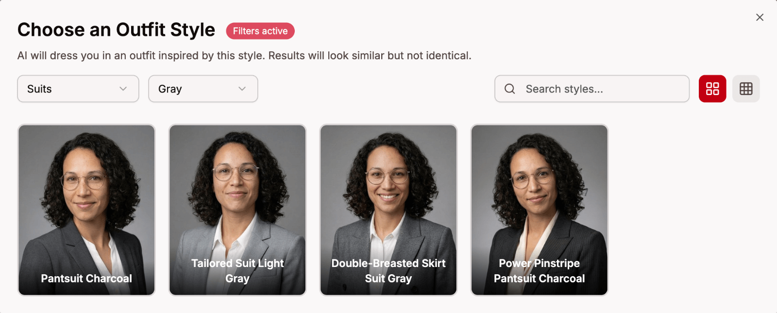 Outfit style browser with color filter options