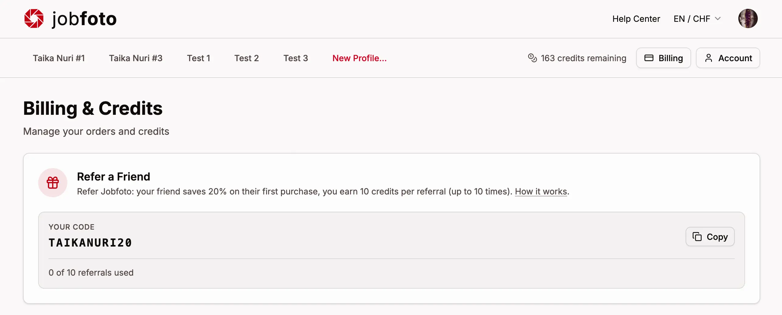 The Refer a Friend card on the Billing & Credits page showing the generated referral code and the Copy button