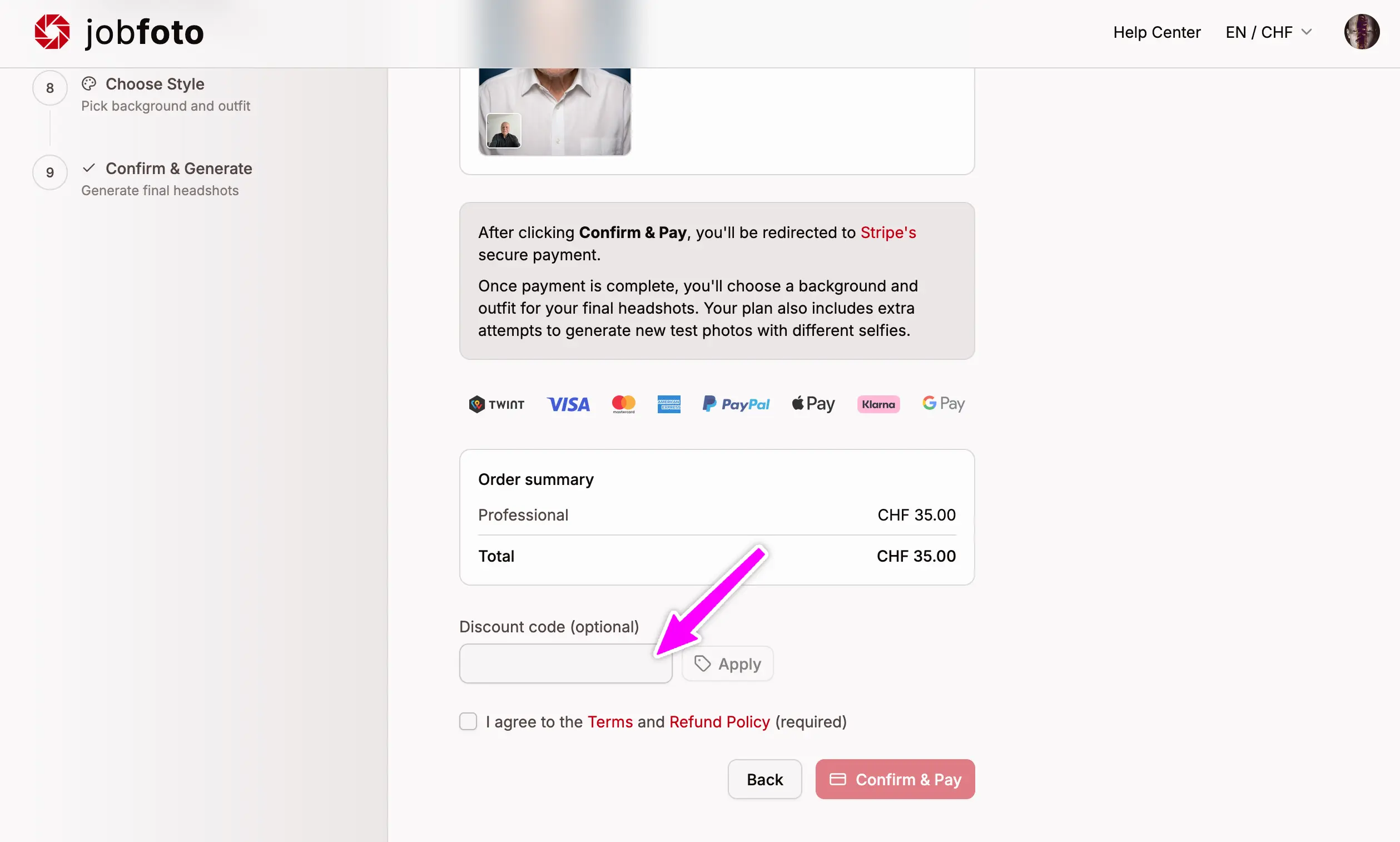 Stripe checkout page with the Add promotion code field expanded and a referral code entered
