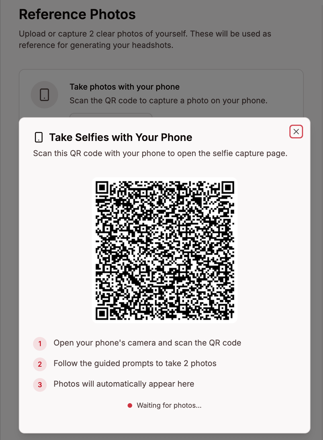 Desktop QR code dialog for mobile capture