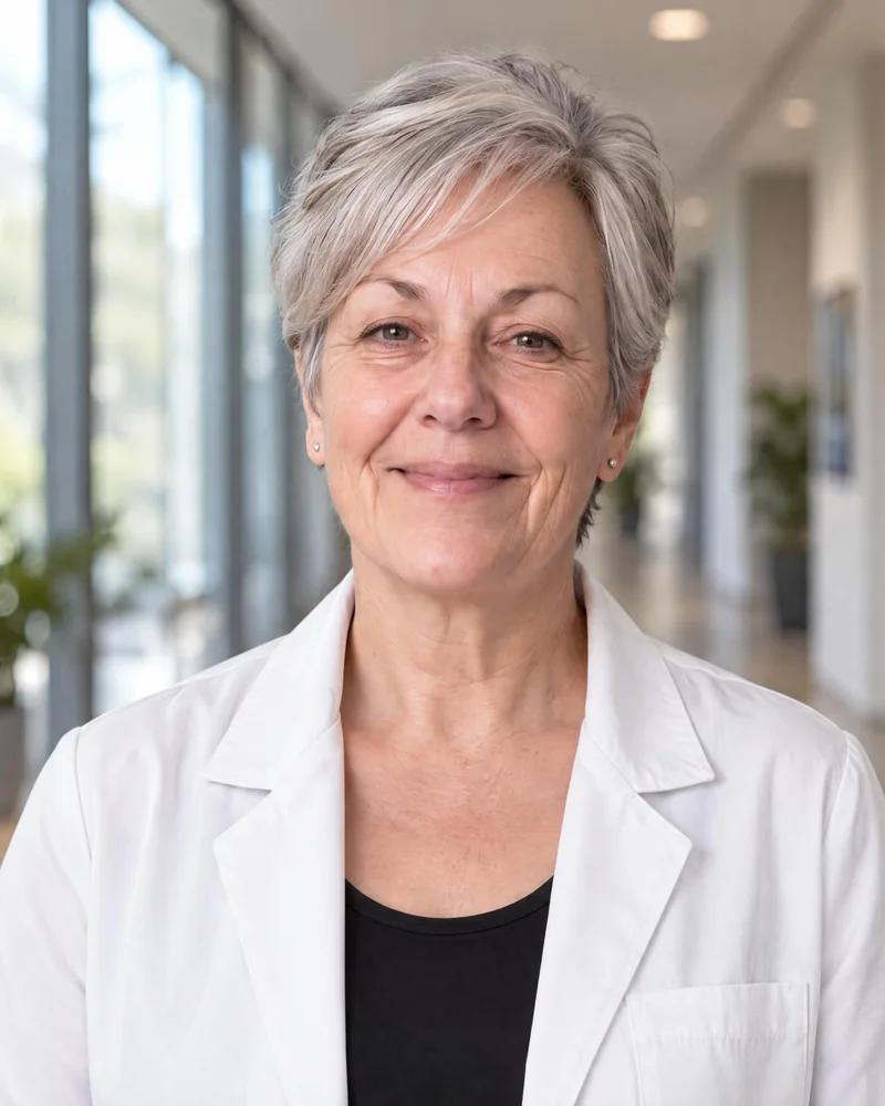Jobfoto headshot: doctor with gray hair in a white coat, bright lobby behind her