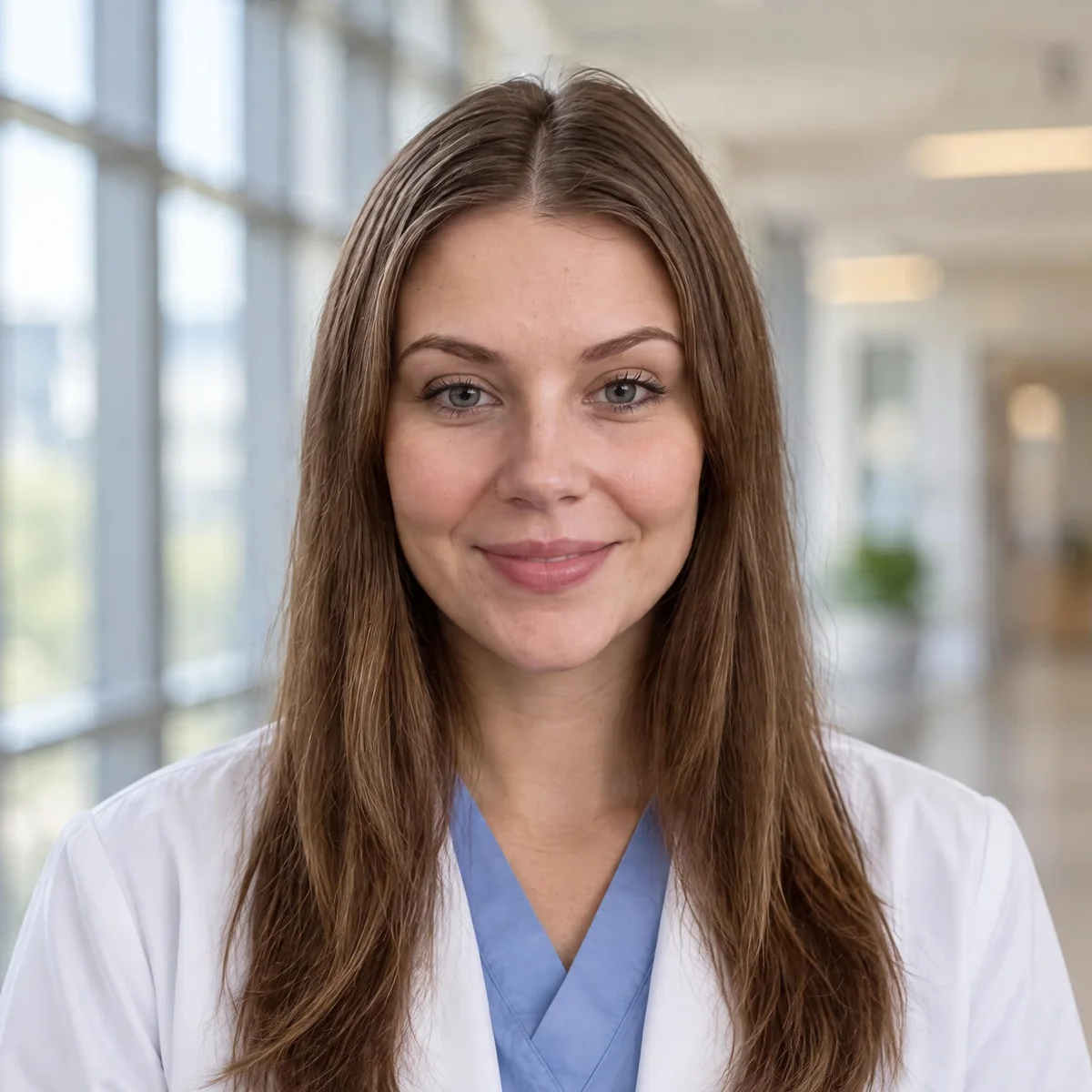 Scrubs with Lab Coat Light Blue, Bright Lobby
