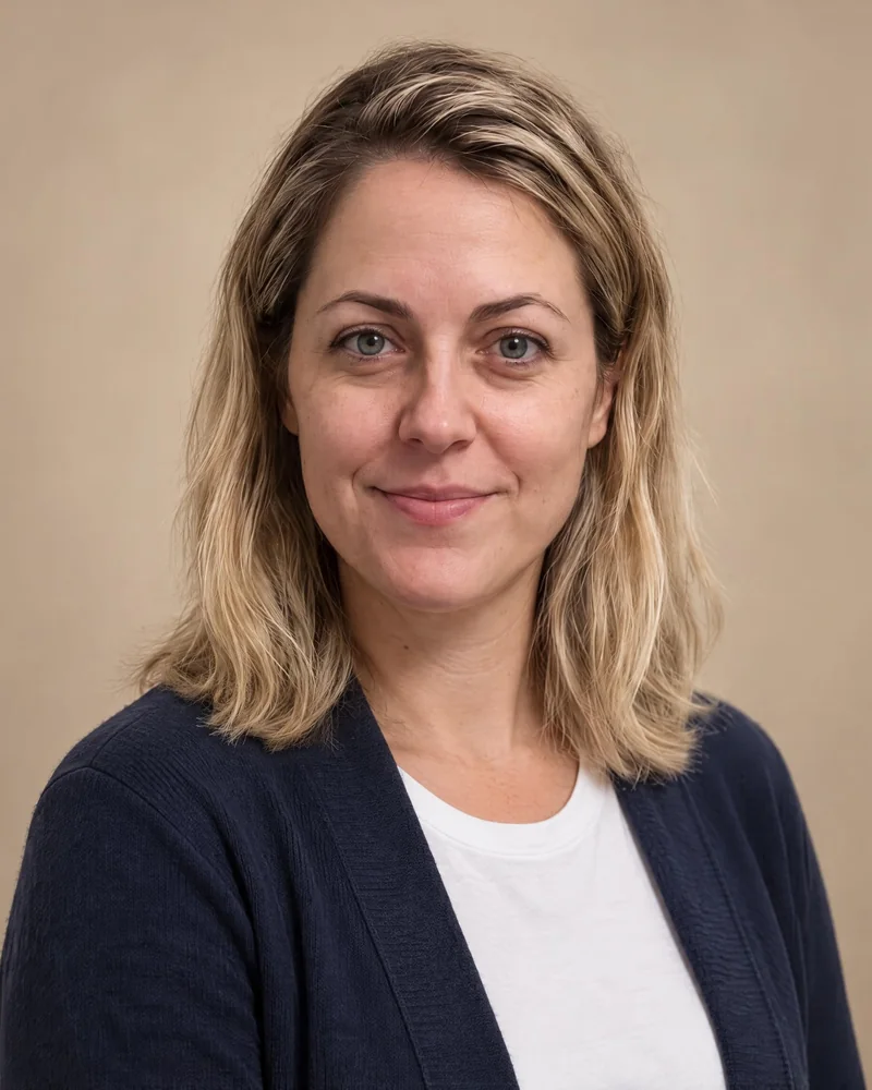 Jobfoto headshot: teacher in a navy cardigan on a warm, light backdrop