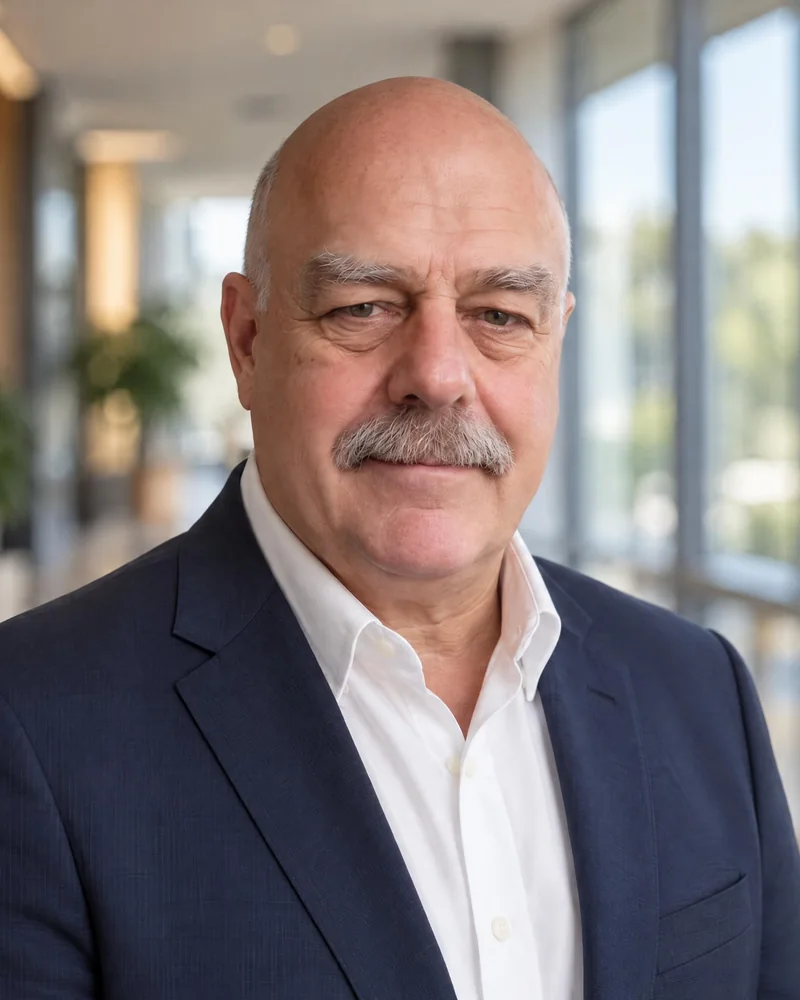 Jobfoto headshot: real estate agent in a navy blazer and white shirt, bright lobby behind him