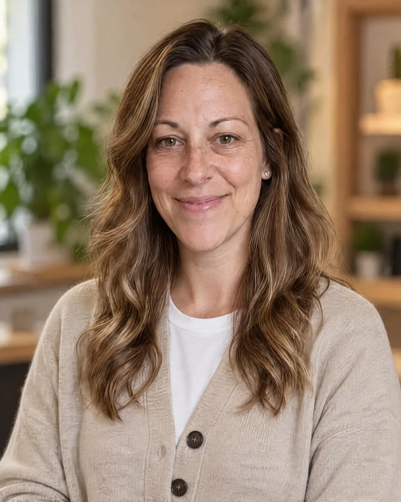 Jobfoto headshot: therapist in a beige cardigan, warm office with plants behind her